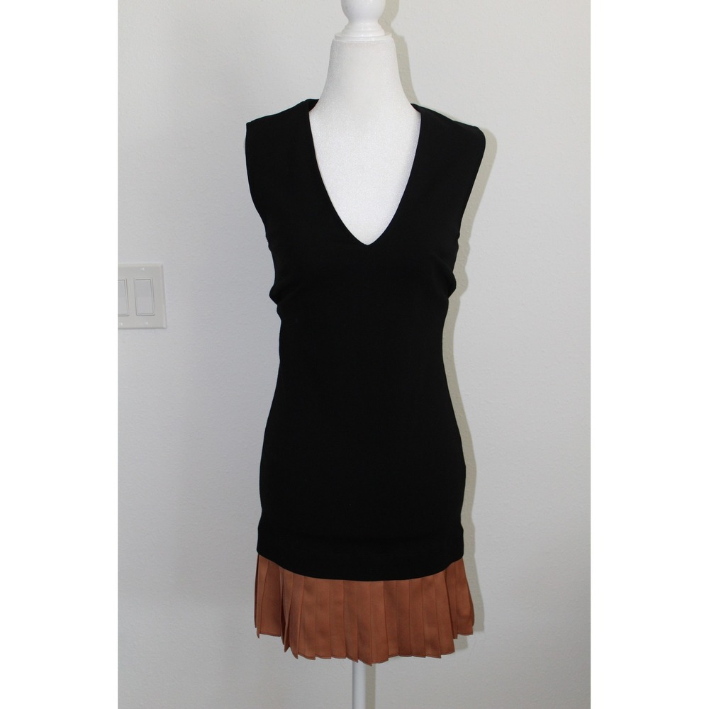 Pinko Made in Italy V Neck Black Copper Pleated Mini Sheath‎ Dress IT 40 US 4
